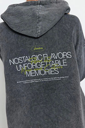 Tarz Bol Kapüşonlu Düşük Kol Uzun Kalın İçi Polarlı Yıkama Efektli Geniş Kalıp Örme Sweatshirt