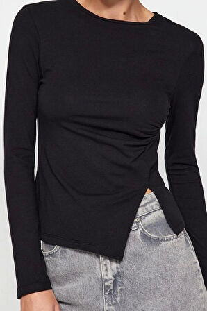 Moda Bisiklet Yaka Örme Slim Düz Desen Casual Günlük Regular Uzun Kol Bluz