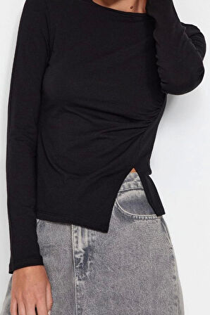 Moda Bisiklet Yaka Örme Slim Düz Desen Casual Günlük Regular Uzun Kol Bluz