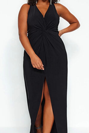 Moda Stil Fitted V Yaka Midi Boy Büyük Beden Yırtmaçlı Örme Elbise