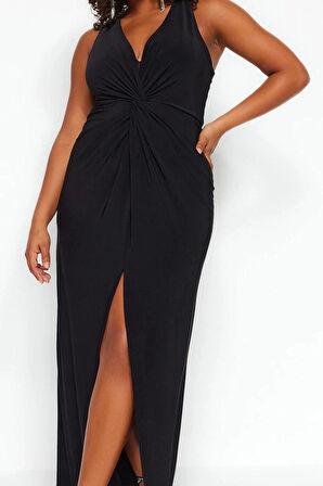 Moda Stil Fitted V Yaka Midi Boy Büyük Beden Yırtmaçlı Örme Elbise