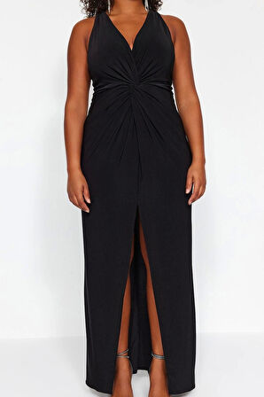 Moda Stil Fitted V Yaka Midi Boy Büyük Beden Yırtmaçlı Örme Elbise