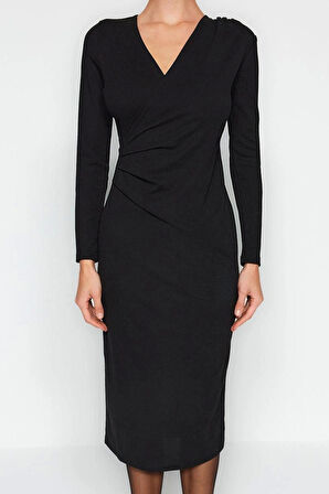 Moda Stil Slim Kruvaze Midi Boy Yaka Uzun Kollu Büzgü Detaylı Vücuda Oturan Örme Elbise