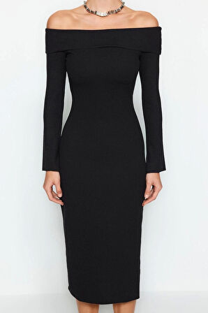 Moda Slim Gündüz Gece Kaşkorse Örme Carmen Yaka Uzun Kol Bodycone Maxi Boy Elbise