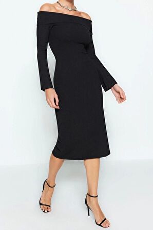 Moda Slim Gündüz Gece Kaşkorse Örme Carmen Yaka Uzun Kol Bodycone Maxi Boy Elbise