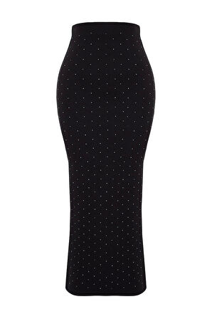 Moda Regular Düz Desen Şık Gece Midi Boy Yapıştırma Taş Midi Örme Etek