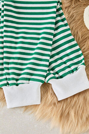 Tarz Rahat Uzun Kollu Lastikli Paça Çizgili Manşet ve Biyeli Tshirt-Jogger Örme Pijama Takımı