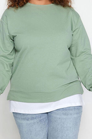 Büyük Beden Oversize Bisiklet Yaka Düşük Kol Alttan T-Shirt Çıkma Görünüm İnce Örme Sweatshirt