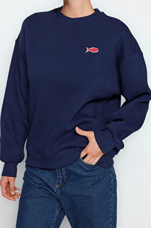 Tarz Oversize Bisiklet Yaka Düşük Kol Regular Baskılı Örme Sweatshirt
