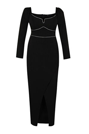 Moda Fitted Kalp Yaka Büyük Beden Taş İşlemeli Yırtmaçlı Dokuma Abiye Mezuniyet Nişan Gece Elbisesi