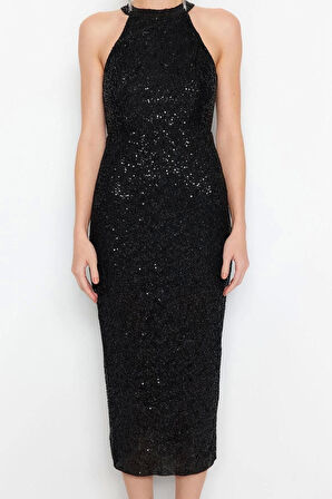 Moda Regular Mezuniyet Balo Payet Örme Halter Yaka Kolsuz Kol Bodycone Midi Boy Elbise