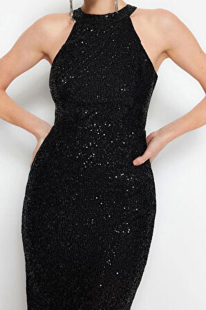 Moda Regular Mezuniyet Balo Payet Örme Halter Yaka Kolsuz Kol Bodycone Midi Boy Elbise