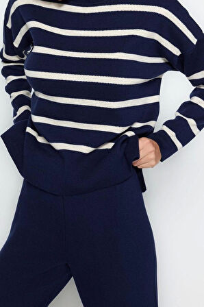 Moda Triko Bisiklet Yaka Düşük Kol Casual Günlük Ekru Triko Pantolonlu Alt-Üst Takım