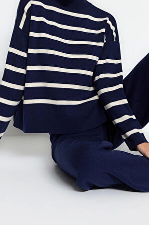 Moda Triko Bisiklet Yaka Düşük Kol Casual Günlük Ekru Triko Pantolonlu Alt-Üst Takım