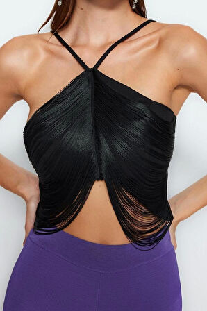 Moda Halter Yaka Dokuma Regular Düz Desen Şık gece Crop Kolsuz Bluz