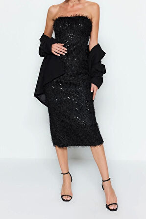 Moda Regular Mezuniyet Balo Payet Dokuma Straplez Kolsuz Kol Shift Midi Boy Elbise