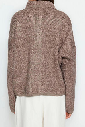 Kadın Modern Tarz Oversize Polo Yaka Regular Triko Hırka