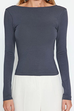 Moda Kayık Yaka Örme Slim Düz Desen Casual Günlük Regular Uzun Kol Bluz