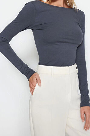 Moda Kayık Yaka Örme Slim Düz Desen Casual Günlük Regular Uzun Kol Bluz