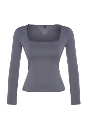 Moda Kare Yaka Örme Slim Düz Desen Casual Günlük Regular Uzun Kol Bluz