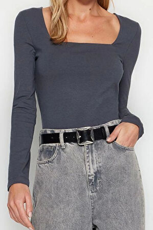 Moda Kare Yaka Örme Slim Düz Desen Casual Günlük Regular Uzun Kol Bluz