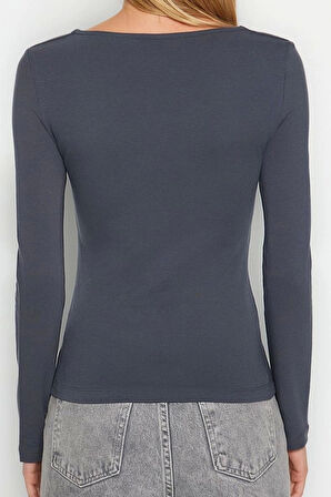 Moda Kare Yaka Örme Slim Düz Desen Casual Günlük Regular Uzun Kol Bluz