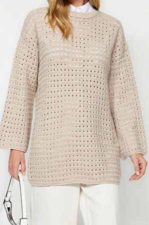 Kadın Modern Tarz Rahat Uzun Bisiklet Yaka Ajurlu Kol Regular Triko Örgü Kazak