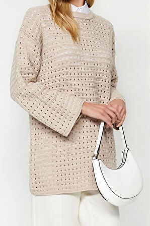 Kadın Modern Tarz Rahat Uzun Bisiklet Yaka Ajurlu Kol Regular Triko Örgü Kazak