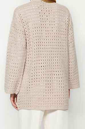 Kadın Modern Tarz Rahat Uzun Bisiklet Yaka Ajurlu Kol Regular Triko Örgü Kazak