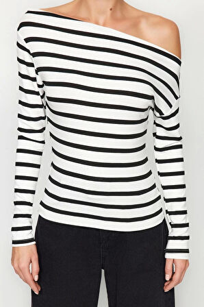 Moda Kayık Yaka Örme Slim Çizgili Desen Casual Günlük Regular Uzun Kol Bluz