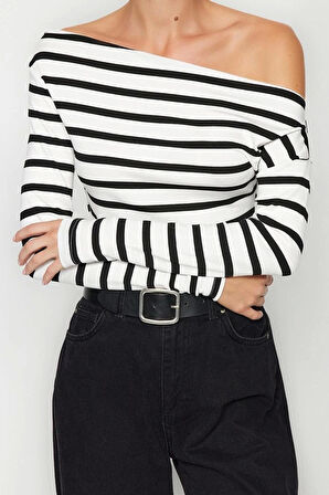 Moda Kayık Yaka Örme Slim Çizgili Desen Casual Günlük Regular Uzun Kol Bluz