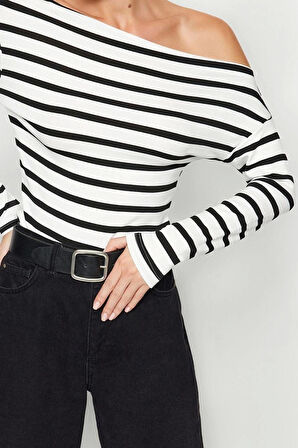 Moda Kayık Yaka Örme Slim Çizgili Desen Casual Günlük Regular Uzun Kol Bluz