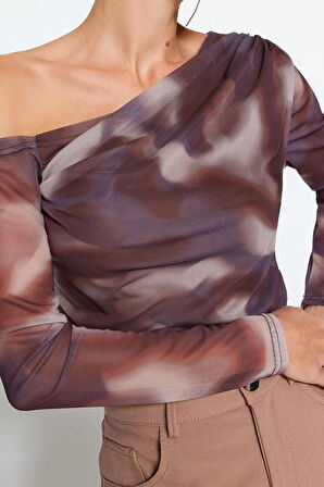 Moda Asimetrik Yaka Örme Slim Çiçekli Desen Casual Günlük Regular Uzun Kol Bluz