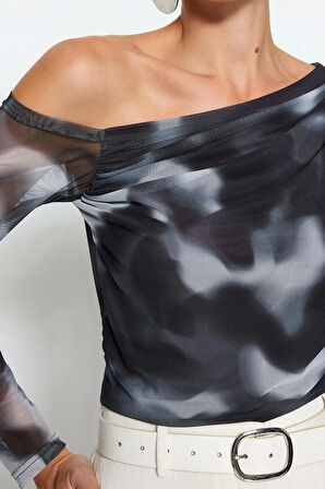 Moda Asimetrik Yaka Örme Slim Çiçekli Desen Casual Günlük Regular Uzun Kol Bluz