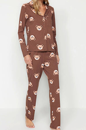 Tarz Rahat Uzun Kollu Boru Paça %100 Pamuk Tavşan Desenli Gömlek-Pantolon Örme Pijama Takımı