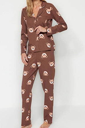 Tarz Rahat Uzun Kollu Boru Paça %100 Pamuk Tavşan Desenli Gömlek-Pantolon Örme Pijama Takımı