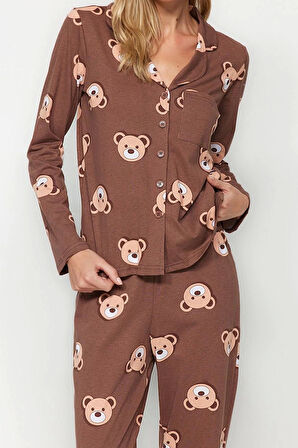 Tarz Rahat Uzun Kollu Boru Paça %100 Pamuk Tavşan Desenli Gömlek-Pantolon Örme Pijama Takımı