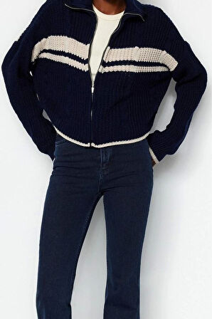 Kadın Modern Tarz Rahat Uzun Dik Yaka Renk Bloklu Kol Regular Triko Hırka