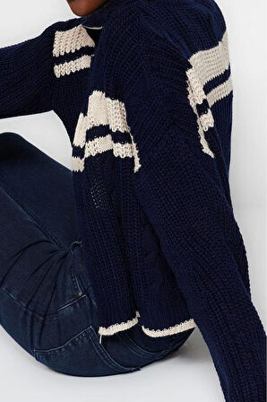 Kadın Modern Tarz Rahat Uzun Dik Yaka Renk Bloklu Kol Regular Triko Hırka