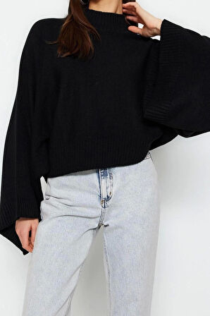 Stil Modern Kadın Regular Düşük Kol Dik Yaka Geniş Kalıp Yarasa Kol Triko Kazak