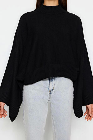 Stil Modern Kadın Regular Düşük Kol Dik Yaka Geniş Kalıp Yarasa Kol Triko Kazak