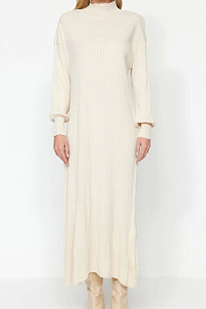 Moda Regular Günlük Ribana Kaşkorse Triko Bisiklet Yaka Uzun Kol Shift Maxi Boy Tesettür Elbise