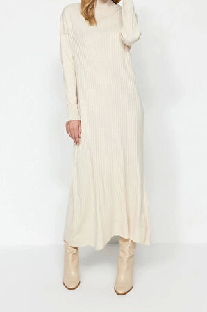 Moda Regular Günlük Ribana Kaşkorse Triko Bisiklet Yaka Uzun Kol Shift Maxi Boy Tesettür Elbise