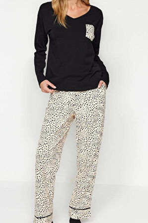 Tarz Rahat Uzun Kollu Boru Paça %100 Pamuk Leopar Desenli Tshirt-Pantolon Örme Pijama Takımı
