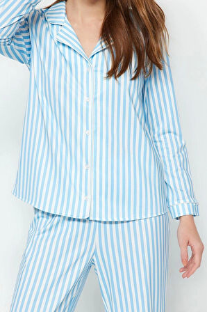 Tarz Rahat Uzun Kollu Boru Paça Çizgili Biyeli İçi Polarlı Gömlek-Pantolon Örme Pijama Takımı