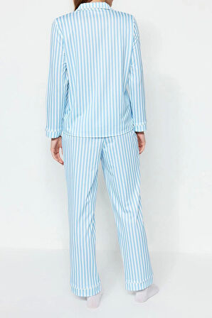 Tarz Rahat Uzun Kollu Boru Paça Çizgili Biyeli İçi Polarlı Gömlek-Pantolon Örme Pijama Takımı