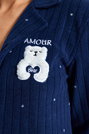 Tarz Rahat Uzun Kollu Boru Paça Puantiyeli Hayvan Baskılı Polar Kışlık Örme Pijama Takımı