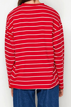 Tarz Oversize Bisiklet Yaka Düşük Kol Uzun Çizgili Geniş Kesim İnce Örme Sweatshirt