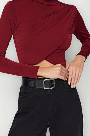 Moda Dik Yaka Örme Slim Düz Desen Şık gece Crop Uzun Kol Bluz