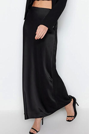 Moda Fitted Düz Desen Şık Gece Maxi Boy Dokuma Saten Uzun Etek